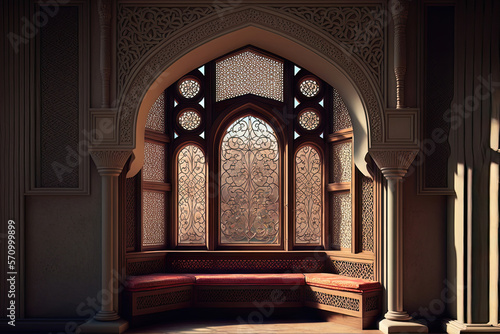 Eastern architectural window, Arabic palace interior. AI © MiaStendal