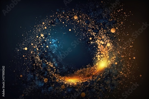 Magical neon background with bokeh and tiny particles, explosion and swirl of sparkles and confetti. Abstract dark background. AI