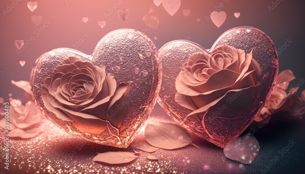 Two Hearts On Pink Glitter with roses On Shiny blurry Background. Created with AI