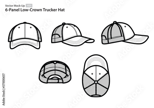 6-Panel Low-Crown Trucker Hat Vector Mock-Ups (Multiple Orientations)