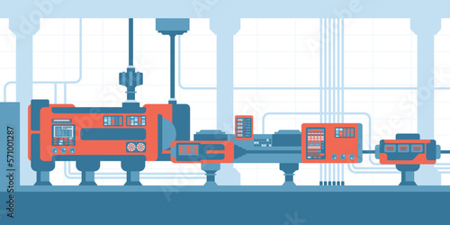 Smart factory with conveyor belt controlled by AI robots. Industry machines, equipment, high technology work at production, manufacturing process on automated assembly line. Flat vector illustration