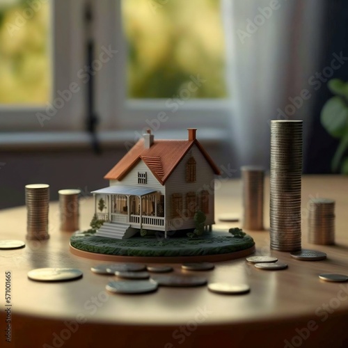 Miniature modern house,close up, gold coins. Generative AI