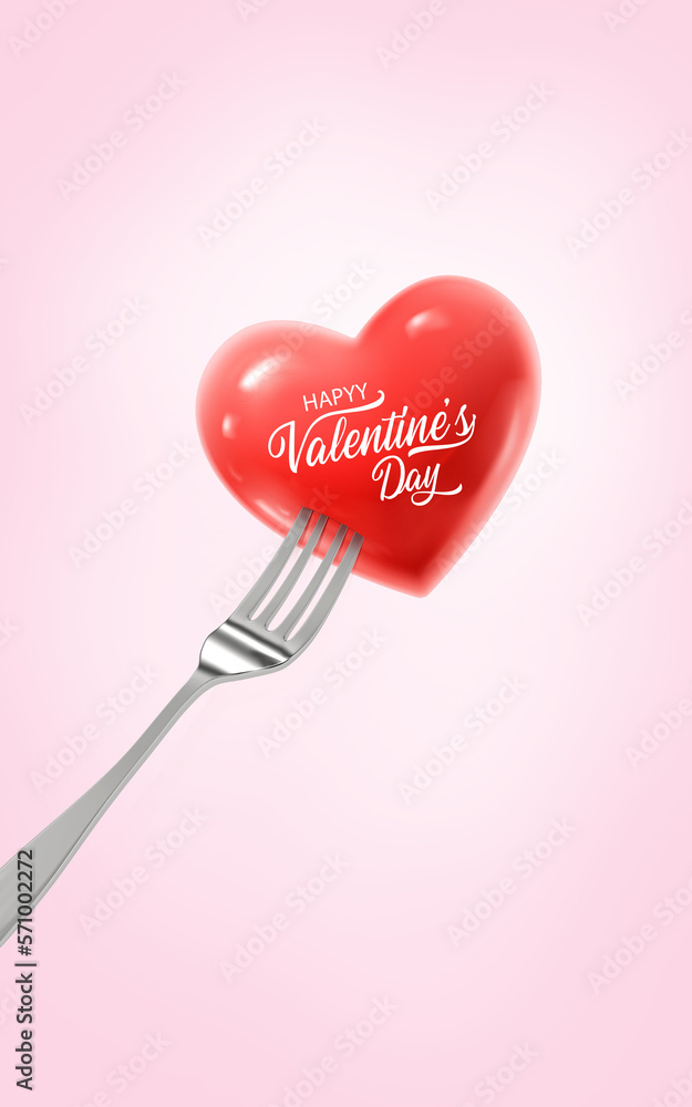 Happy Valentine's Day card concept. Fork with Red hearts and inscription Valentine's Day on white background. 3d rendering