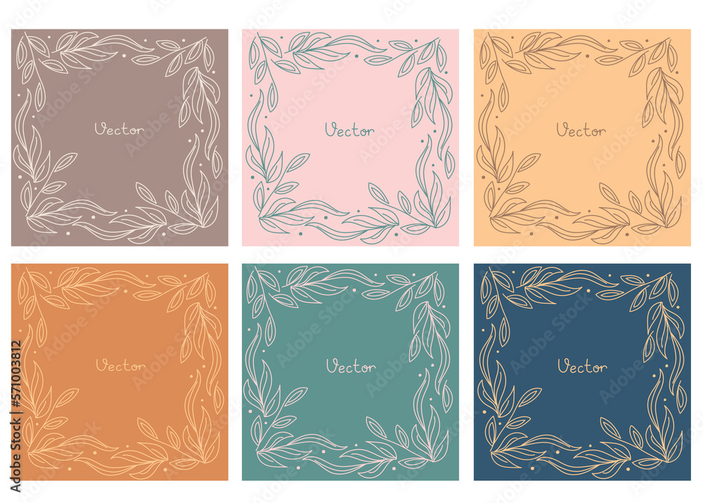Vector set of background and frame template with place for text in simple modern style with sprig of leaves. Hand drawn line wedding invitations or greeting cards, social media wallpaper. Vector set of background and frame template with place for text in simple modern style with sprig of leaves. Hand drawn line wedding invitations or greeting cards, social media wallpaper.
