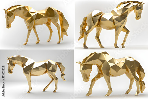AI Generated, Animal chinese zodiac (with others) in 3D low poligon model with gold color material on the white background.