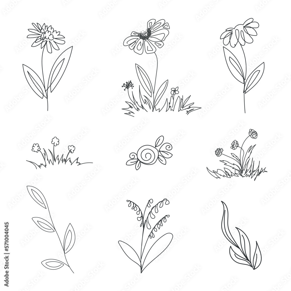 Vector set of twigs with leaves and flowers drawn by line to decorate cards, invitations and social media pages in a modern simple style Vector set of twigs with leaves and flowers drawn by line to decorate cards, invitations and social media pages in a modern simple style