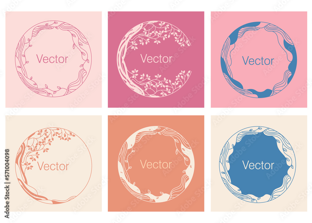 Vector set of round emblems in a modern style of interlaced lines and leaves with copy space for text. Abstract and floral backgrounds in a minimalist style.