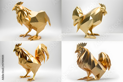 AI Generated, Animal chinese zodiac (with others) in 3D low poligon model with gold color material on the white background.