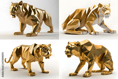 AI Generated, Animal chinese zodiac (with others) in 3D low poligon model with gold color material on the white background.