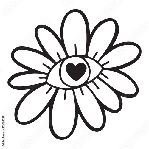 Hand drawn flower head with an psychedelic eye inside,line design vector illustration in cartoon style