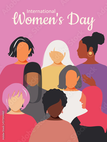 International Women's Day . Women of different ages, nationalities and religions come together. Vertical pink purple poster. 