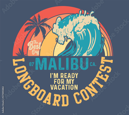 Vintage Tropical Graphic. Summer Graphic. Wave surf print