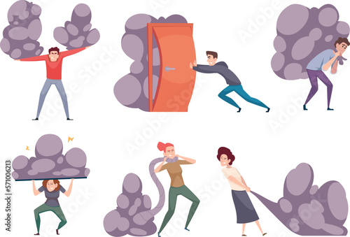 Heavy life problems. Overload stressful work difficulty overwhelming burdened characters exact vector cartoon people
