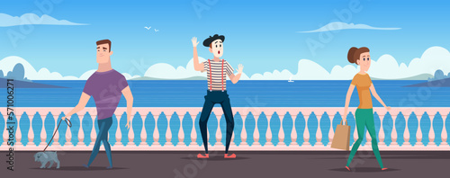 Mime actors. Performance show background funny actors on the street exact vector cartoon template photo