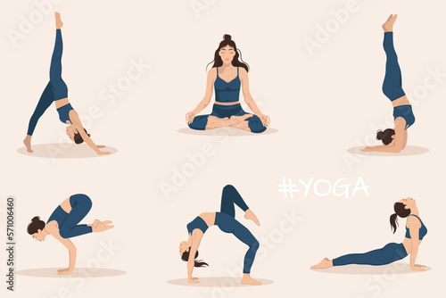 A set of  a young woman performing physical exercises and demonstrating  yoga asanas  on light background. Flat vector illustration.