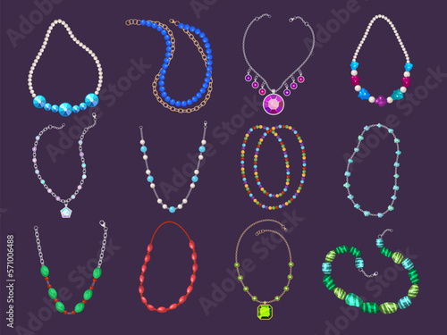 Necklace beads. Woman luxury jewelry collection various gemstones crystals diamonds and pearls recent vector cartoon illustrations