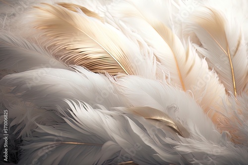 Soft and fluffy background, bird feathers, white and gold pastel colored feathers. AI