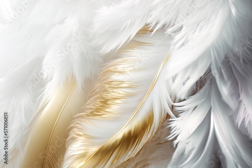 Soft and fluffy background, bird feathers, white and gold pastel colored feathers. AI © MiaStendal