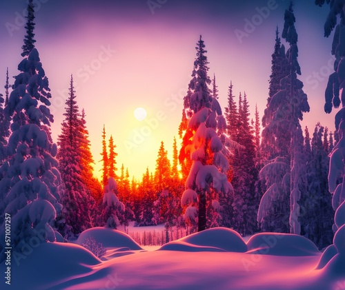 Winter Sunset, Generative AI Illustration © pandawild