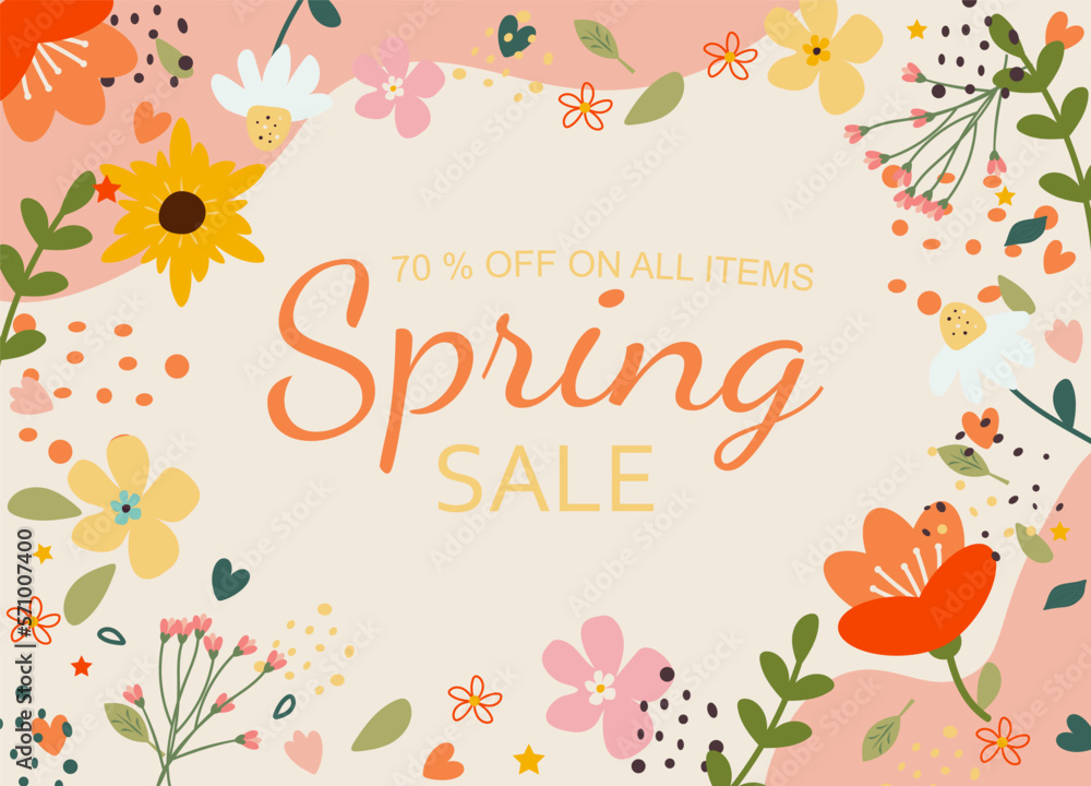 Spring sale. Banner with spring composition. Multicolored banner with spring discounts. Vector