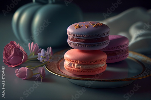 Generative AI painting. Delicious macaroons, meringue dessert on a plate. Sweets store shop advertisement background concept photo