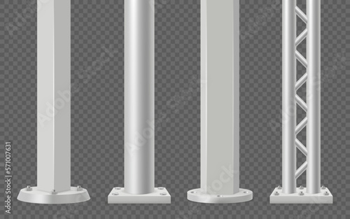 Metal columns. Realistic armored steel pipes street pillars decent vector 3d realistic templates