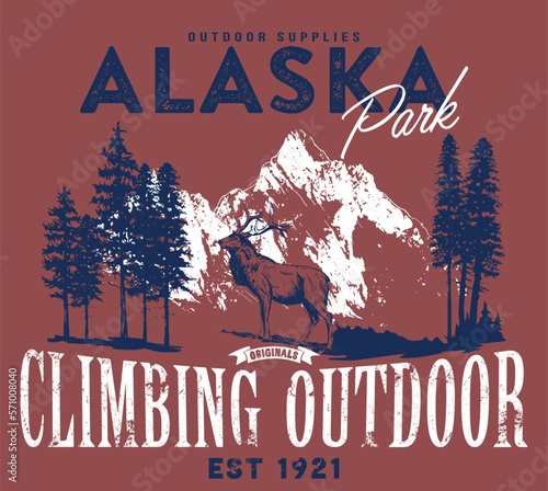 Wilderness graphic print design for t shirt and others. Mountain and deer and trees vintage artwork.