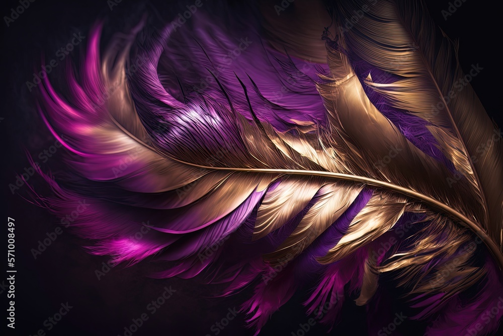 Obraz premium Soft and fluffy background, bird feathers, magenta and golden feathers. Neon background. AI