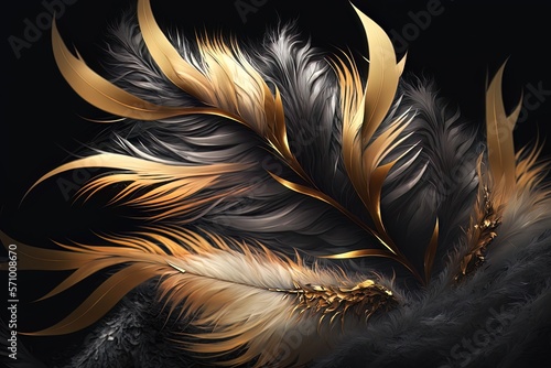 Soft and fluffy background, bird feathers, black and gold feathers. AI