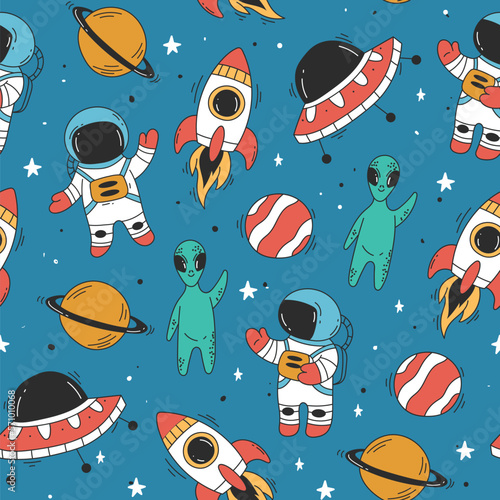 Space rocket planet seamless doodle pattern concept. Vector graphic design illustration 