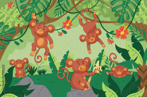 Fototapeta Naklejka Na Ścianę i Meble -  Monkey cute animal forest jungle tree zoo cartoon background concept. Vector graphic design illustration