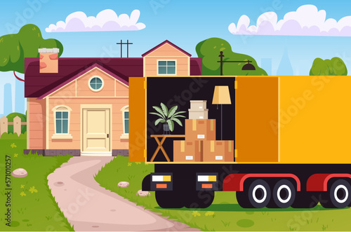 Move house delivery truck van home furniture concept. Vector graphic design illustration
