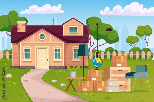 Move house delivery truck van home furniture concept. Vector graphic design illustration
