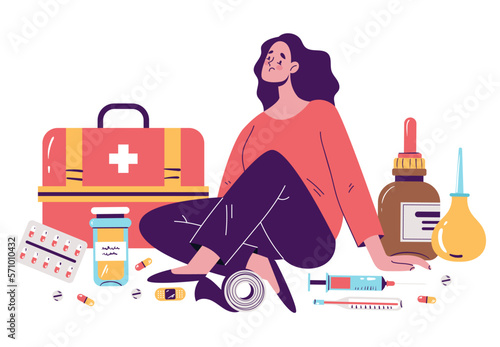 Antidepressant addiction mental depression illness concept. Vector graphic design illustration