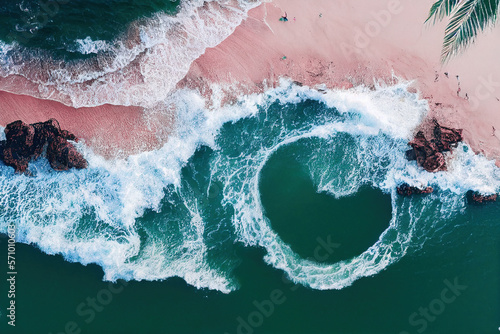 Spectacular top view from drone photo of beautiful pink beach with relaxing sunlight, sea water waves pounding the sand at the shore. Calmness and refreshing beach scenery.