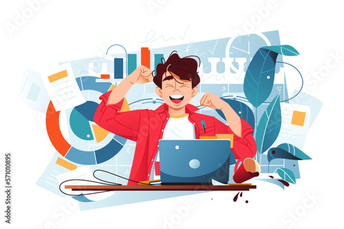 Man celebrates successful work with a big smile