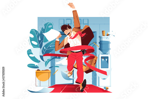 Office worker crossing finish line