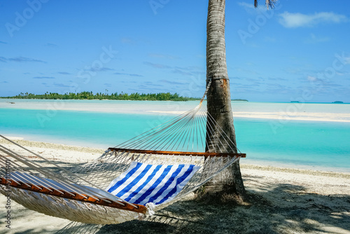 Hammock slung between palms in shade by waters edge of tropical holiday destination