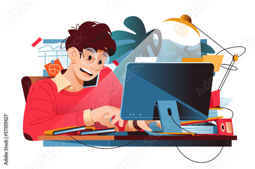 Busy worker sits at desk with computer