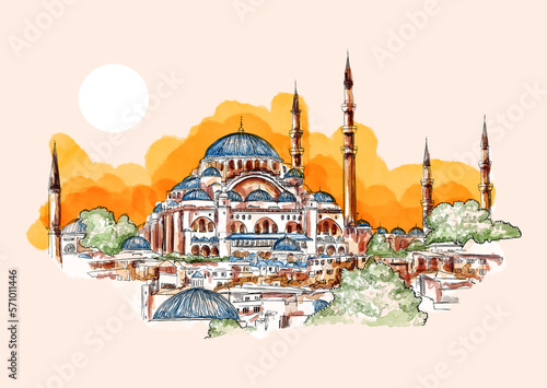 Watercolor hand drawn sketch of Aya Sofya, Hagia Sophia Mosque, Istanbul, Turkey. A famous sightseeing of Turkey. photo