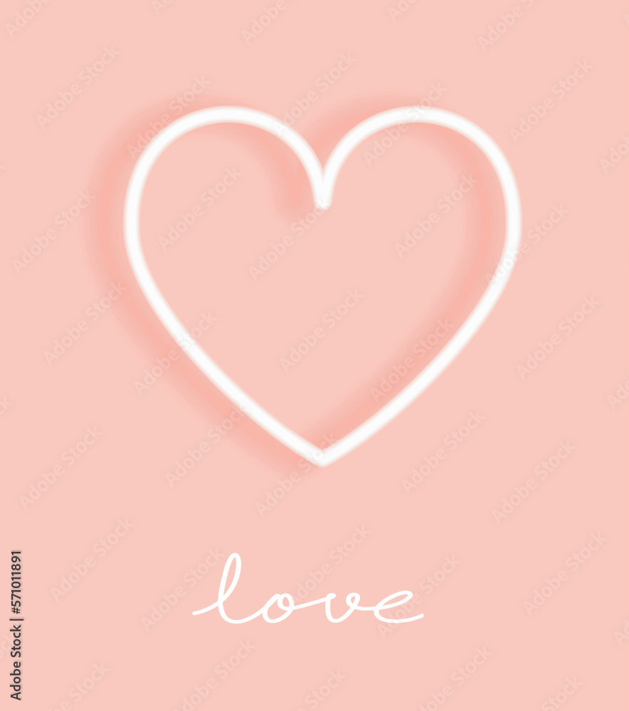 Cute Valentine's Day Vector Card with White Glowing Neon Heart on a Light Coral Pink Background. Modern Romantic Print with White Love Symbol ideal for Card, Wall Art, Poster.