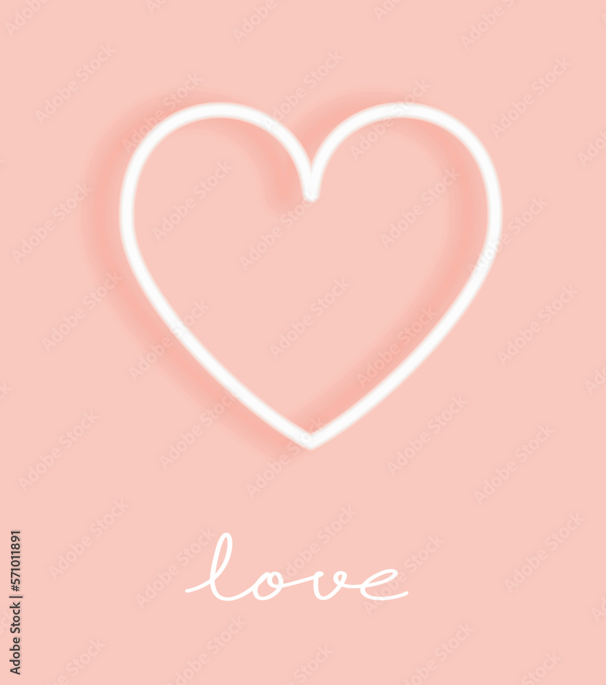 Cute Valentine's Day Vector Card with White Glowing Neon Heart on a Light Coral Pink Background. Modern Romantic Print with White Love Symbol ideal for Card, Wall Art, Poster. Cute Valentine's Day Vector Card with White Glowing Neon Heart on a Light Coral Pink Background. Modern Romantic Print with White Love Symbol ideal for Card, Wall Art, Poster.