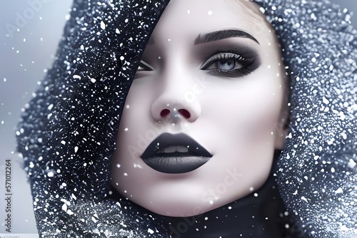 Portrait of a beautiful young alternative style girl with black lipstick. Outdoors snowing. On a cold winter day with snowflakes falling. Close up. generative AI.