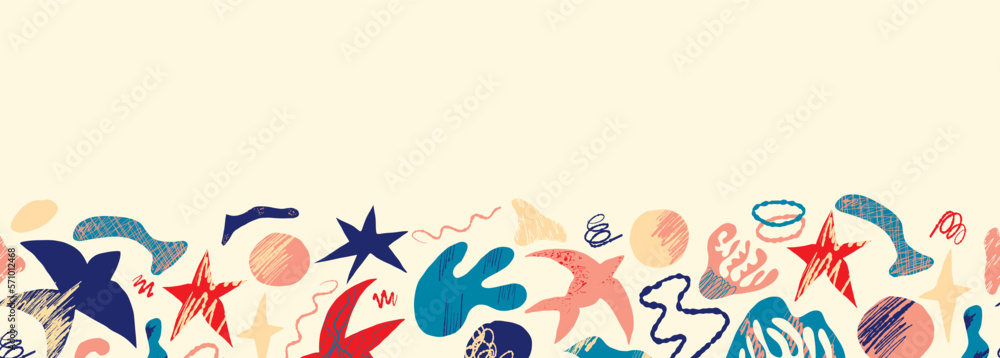 Vector seamless border with abstract bright elements, stars, geometric elements in the Matisse style