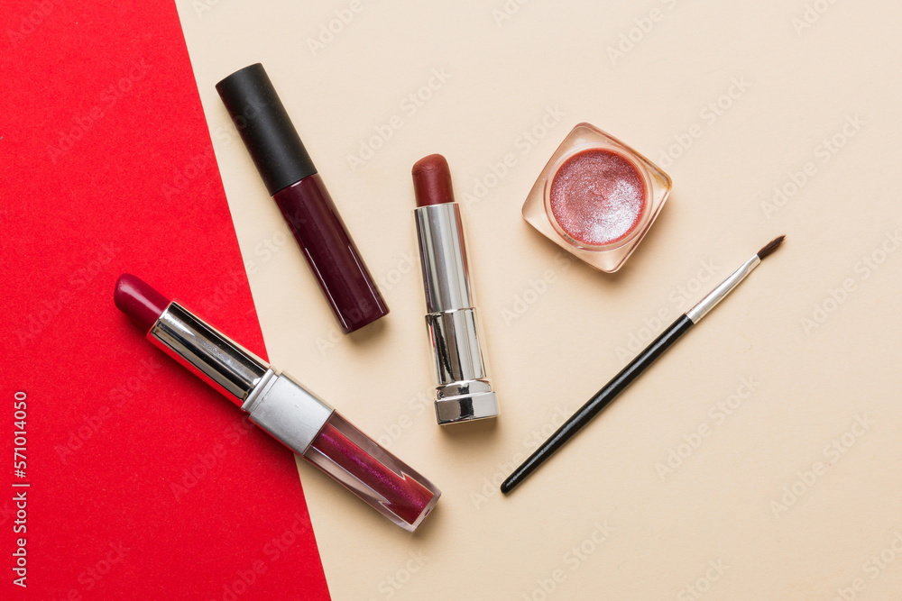 Professional makeup tools. Top view. Flat lay. Beauty, decorative cosmetics. Makeup brushes set and color eyeshadow palette on table background. Minimalistic style Professional makeup tools. Top view. Flat lay. Beauty, decorative cosmetics. Makeup brushes set and color eyeshadow palette on table background. Minimalistic style