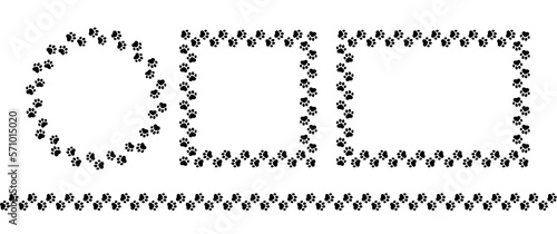 Frame paw pattern. Cute zoo border dog or cat. Black footprint boarder isolated on white background. Mark animal frames. Silhouette step for design prints. Abstract footmark lines. Vector illustration