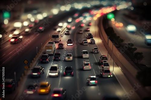 Night traffic on a highway full of cars, tile-shift view, AI generated