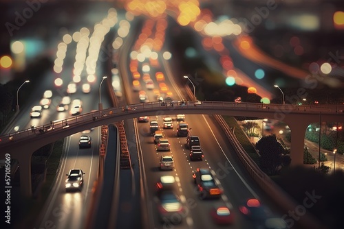 Night traffic on a highway full of cars, tile-shift view, AI generated