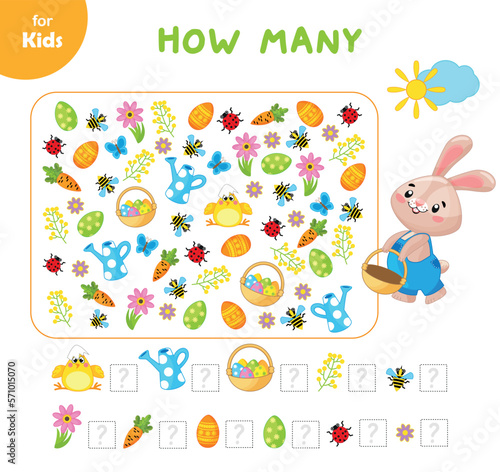 Mini game for children. Help the rabbit find and count the same pictures. Easter