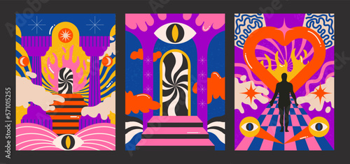 90s groovy posters. Cartoon psychedelic style. Bright hippie characters and retro elements. Trip landscapes with mountains, sun rays, planet, trip wave. Vector collection